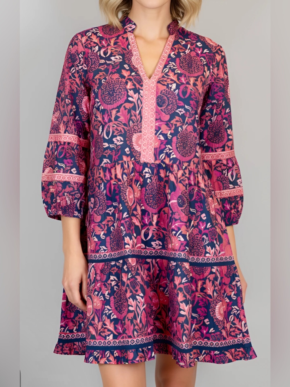 La Plage Alison Longsleeve Dress - Floral Block - Navy/Pinks